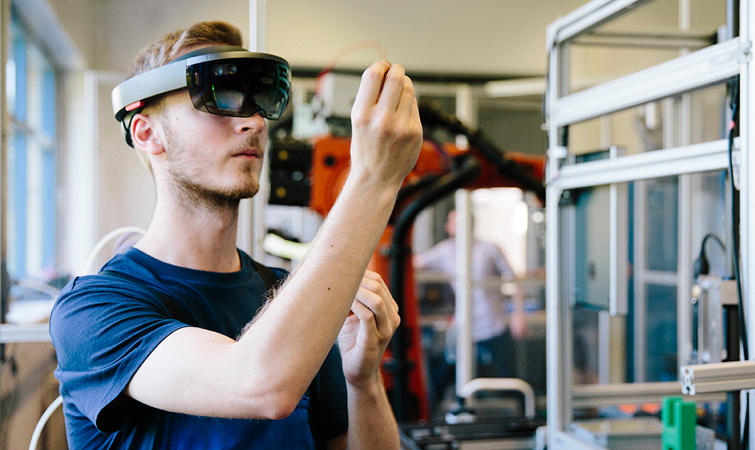 Person wearing a virtual reality headset in a lab